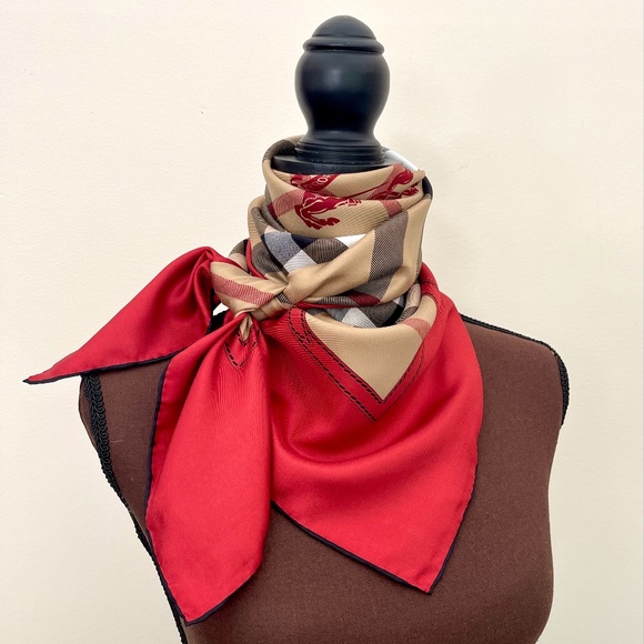 Display # 2 Burberry New Classic Check Pattern Red Border Silk Scarf - Picture 11 of 16